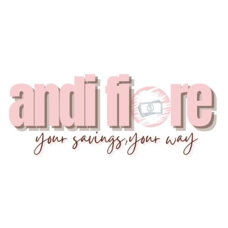 May include: Pink and white logo with the text "andi fiore" and the tagline "your savings, your way".
