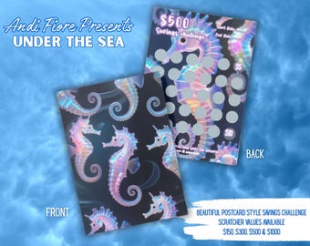 Seahorse Savings Challenge – Ocean Theme Scratch-Off Postcard