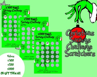 Christmas Themed Scratch Off Savings Challenge, Scratch and Save Up to 1000 Dollars,Scratch Off Card,Savings Challenge, Values 300, 500,1000