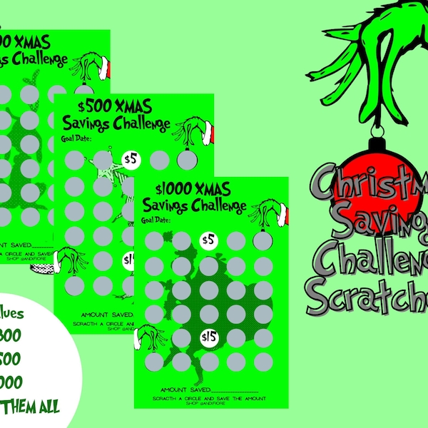 Christmas Themed Scratch Off Savings Challenge, Scratch and Save Up to 1000 Dollars,Scratch Off Card,Savings Challenge, Values 300, 500,1000