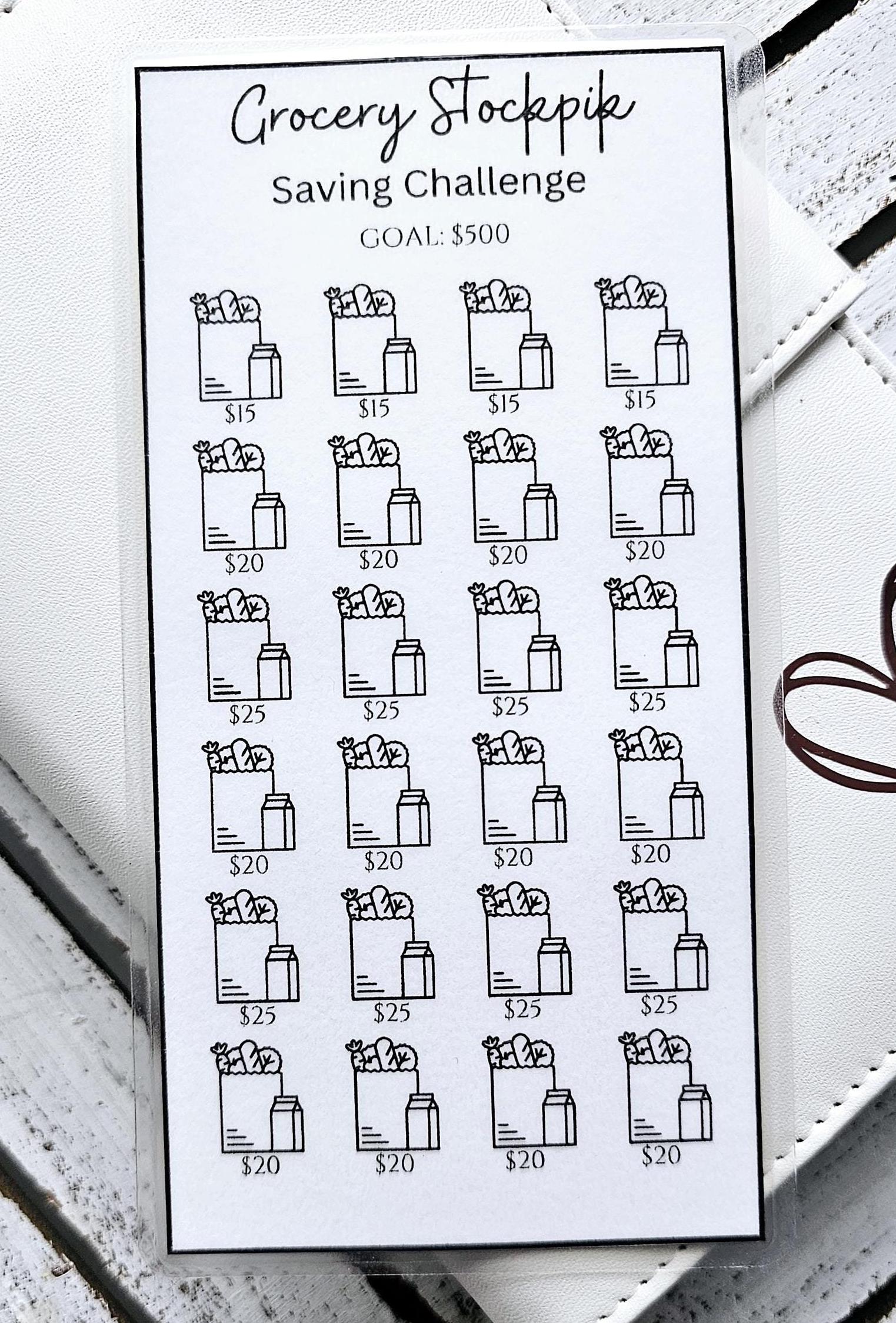 GROCERY STOCKPILE  Reusable Laminated Savings Challenge | Compact, Durable, & Fun Money Tracker Save 150, SAVE 500