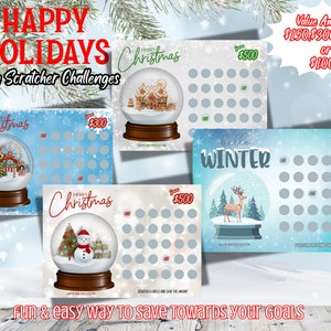 May include: Four printable Christmas and winter themed scratch-off cards with snow globes. Each card has a different snow globe scene and a grid of 30 circles to scratch off. The cards are designed to help people save money towards their goals. The text on the cards reads "Happy Holidays Saving Scratcher Challenges", "Merry Christmas", "Merry Christmas", "Hello Winter", and "Fun & easy way to save towards your goals".