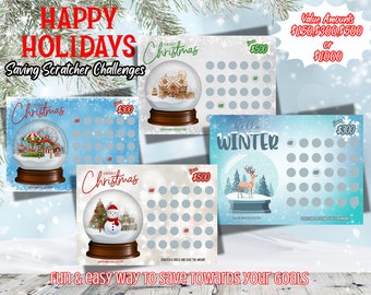 May include: Four printable Christmas and winter themed scratch-off cards featuring snow globes. Each card has a different snow globe scene and a grid of 30 circles to scratch off. The cards are designed to help people save money towards their goals. The text on the cards reads "Happy Holidays Saving Scratcher Challenges", "Merry Christmas", "Merry Christmas", "Hello Winter", and "Fun & easy way to save towards your goals".