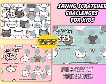 Scratchers for Young Savers, Kid Scratch Off Savings Challenge, Mini Scratch off Savings Challenge Values 15,25,50, Cat Theme, Fun and Easy