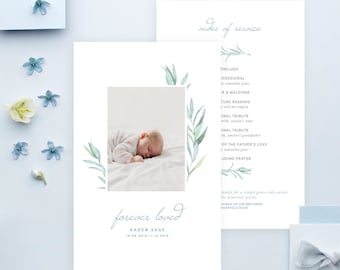 May include: A light blue and white order of service card with a watercolor illustration of leaves. The card features a photo of a baby sleeping and the text "forever loved" with the name "Aaden Sage" and the dates "10.08.2010-11.15.2010".