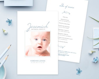 May include: A white memorial service order of service with blue text. The order of service includes a prelude, processional, prayer and welcome, scripture reading, personal tribute, deep the father's love, and concluding prayer. The order of service also includes a photo of a baby boy with the name Jeremiah Nathaniel Proffitt and the dates 10.00.00-11.15.00.