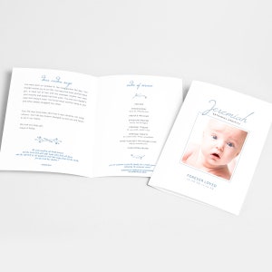May include: A white memorial service program with blue floral accents. The front cover features a photo of a baby boy with the name Jeremiah Nathaniel Profit and the words "Forever Loved". The inside pages include an order of service and a message about the baby.