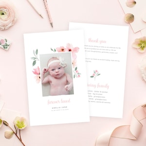 May include: A thank you card with a watercolor floral border and a photo of a baby girl. The card reads "Thank you" and "Forever Loved Amelia Jane 10.08.2018-11.15.2018". The back of the card lists the names of the family members.