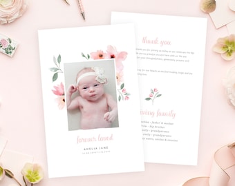 May include: A thank you card with a watercolor floral border and a photo of a baby girl. The card reads "Thank you" and "Forever Loved Amelia Jane 10.08.2018-11.15.2018". The back of the card lists the names of the family members.