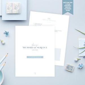 May include: A checklist for planning a baby's memorial service. The checklist is titled "Planning a Memorial Service for a Baby" and includes a section for service logistics. The checklist is printed on white paper with blue text.