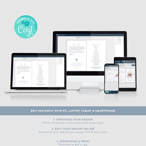 Op de afbeelding: Een digitale illustratie die laat zien hoe je een printbaar ontwerp kunt bewerken op een computer, laptop, tablet en smartphone. De tekst luidt "PERSONALISEER MET Coril", "DIRECT BEWERKEN MET PC, LAPTOP, TABLET & SMARTPHONE", "1. ONTWERP KOPEN", "Een link wordt naar het e-mailadres gestuurd dat voor de aankoop is gebruikt", "2. ONTWERP ONLINE BEWERKEN", "Tekst aanpassen, foto's toevoegen, lettertype en letterkleuren wijzigen", "3. DOWNLOADEN & PRINTEN", "Downloaden als pdf of jpg".