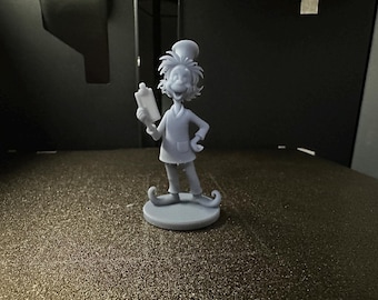 May include: A light gray 3D printed figurine of a character with wild hair, wearing a tall hat, a collared shirt, and pants with curled-toe shoes. The character holds a rectangular clipboard in one hand and stands on a circular base.