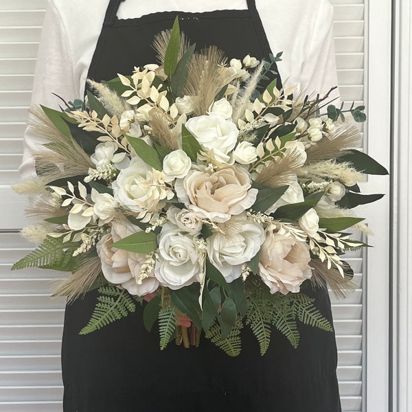 White and ivory boho bridal bouquet, white ivory wedding bouquet, Pampas grass, eucalyptus, roses, peonies, bridesmaids bouquet