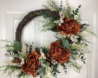 Fall Peony Grapevine Wreath, Rust Floral Door Decor
