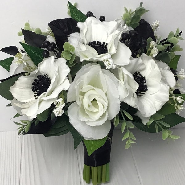 White and black wedding bouquet, Petite bridal bouquet, Bridesmaids Bouquet, Prom bouquet, White with black anemones, White roses