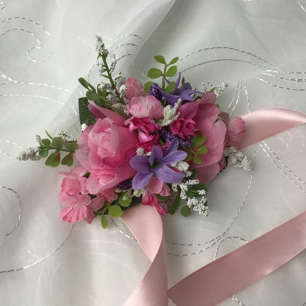 Pink and purple wrist corsages and boutonnieres, Weddings, proms, Pink roses with purple accents