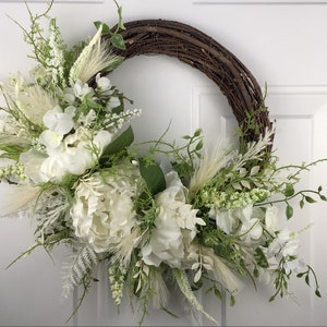 White peony door wreath, Grapevine wreath, Modern farmhouse wreath, Home decor, Everyday wreath,