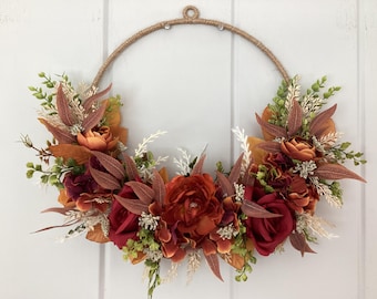 Burgundy Floral Fall Hoop Wreath, Autumn Door Decor