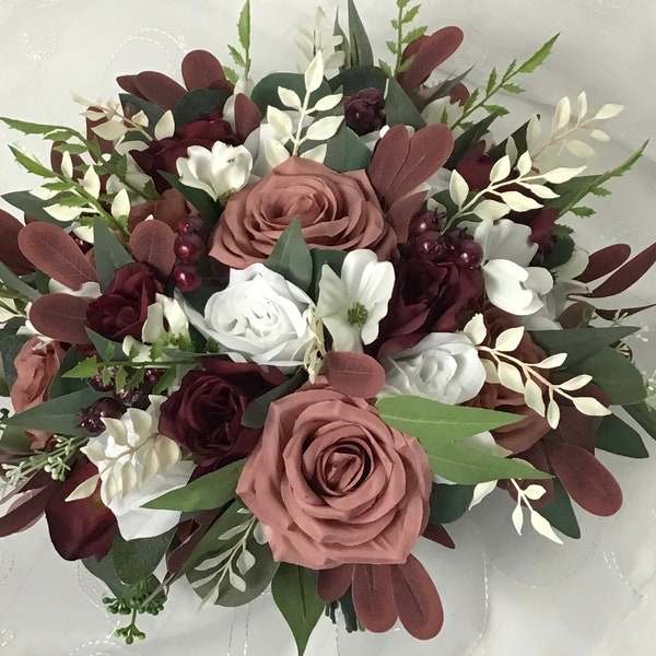 Burgundy white dusty rose bridal bouquet, Burgundy white dusty rose wedding bouquet, Wedding flowers, Wedding bouquet of roses,