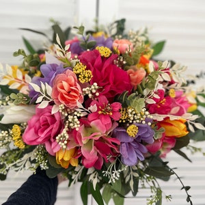 Spring/Summer wedding flowers, Spring bridal bouquet, Colorful spring summer bouquet, Yellow, peach, purple, pink, raspberry pink bouquet