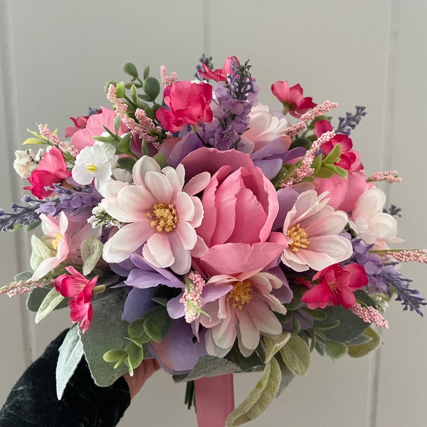 Springy / Summer wedding bouquet, Pink and lavender bridal bouquet, Petite bouquet, Prom bouquet, Pink tulips, Lavender hydrangeas,