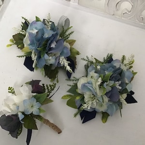 White rose boutonnieres with blue and white accents, White rose wrist corsage, Wedding corsage and boutonniere, prom  homecoming flowers