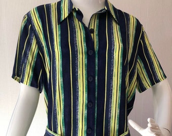1990's Bright Stripped 2 Pieces Suite Vintage Button up Skirt Top Shirt Blouse Elegant Costume Short Sleeves Summer Everyday Casual Size M