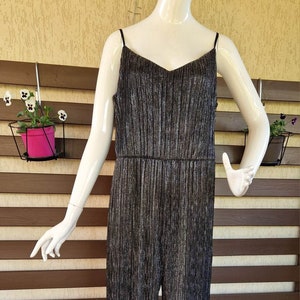 1980&#39;s Black Silver Shining Disco Jumpsuit Romper Wide Pants Suite Vintage Top Pullover Elegant Formal Event Cocktail Party Overalls Size L