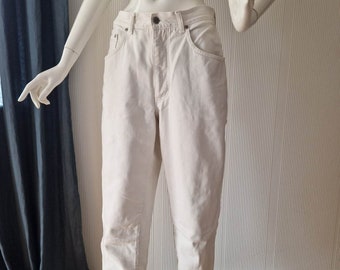 1980's Vintage Crema White Thick Denim High Waist Jeans Tapered Hippie Boho Pants Hipster Western Cowgirl Wild Casual Summer Festival Size M