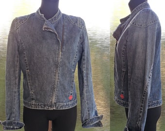 90's Women's Blue Washed out Denim Jacket Fitting Vintage Jeans Blazer Biker Zipper Cardigan Hipster Hippie Boho Festival Long Sleeves Large