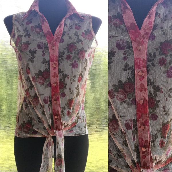 Vintage 1970's Creamy White Floral Print Vest Top Sleeveless Pink Pearl Button up Flower Pattern Transparent Bohemian Summer Festival Size M