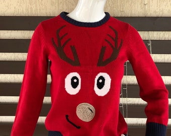 Vintage Unisex Kids Ugly Christmas Sweater Fun Deer Holiday Blue Red Winter Pullover Jersey Round Neck Jumper 9 -10 age