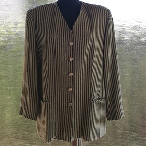 1990&#39;s Women&#39;s Light Green Stripped Jacket Vintage Blazer Office Secretary Cardigan Casual Style Summer Festival V Neck Long Sleeves Size XL