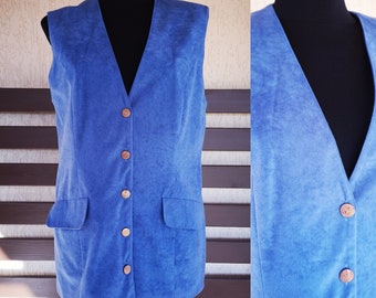 1990's Women's Blue with Lining Vest Waistcoat Velvety Sleeveless Fetish Elegant Office Formal Casual Teacher College Secretary Size Medium
