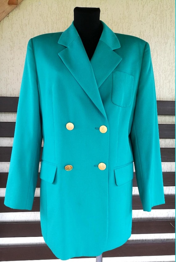 1990's Women's Bright Green Jacket Vintage Blazer Office Secretary Teacher Cardigan Casual Navy Style V Neck Long Sleeves Fitting Size M/L