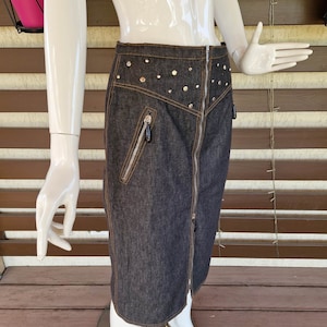 Y2K Vintage Gray Denim Pencil Skirt with Studs Zippered closure Jeans Everyday Midi Hand Made Hipster Festival High Waisted Trendy Size S/M