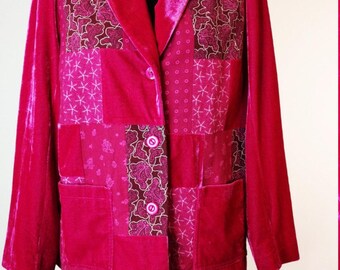 1990's Women's Velvet Pink Two Fabric Jacket Straight Vintage Blazer Evening Cardigan Cocktail Smart Casual Hippie Boho Long Sleeves Size  L