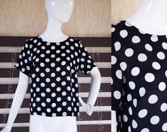 1980's Vintage T Shirt Top Blac White Polka Dot Pinup Disco Tank Top Blouse Tee Women Cropped Pullover Short Sleeves Everyday Size M