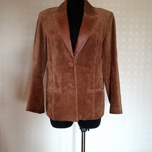 80&#39;s Women&#39;s Brown Hipster Leather Tailored Jacket Short Trench Coat Vintage Genuine Chamois Leather Blazer Boho Bohemian Festival M/L
