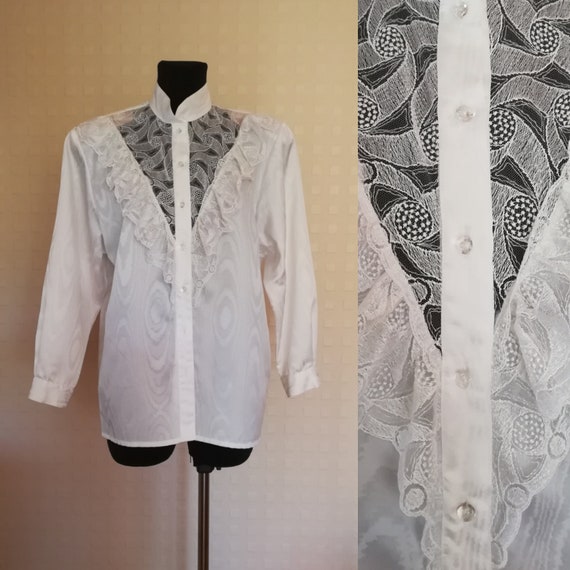 Vintage 1990's White Blouse Jacket Lace Secretary… - image 1