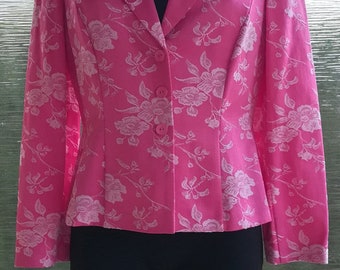 1990's Women's Pink White Flower Cropped Jacket Vintage Blazer Office Secretary Cardigan Summer Festival Smart Casual Long Sleeves Size M