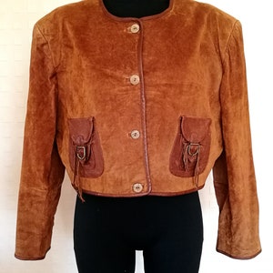 Giacca corta in pelle scamosciata marrone da donna anni &#39;80, blazer vintage in vera pelle, cardigan boho, blazer hipster in camoscio, boho festival M/L