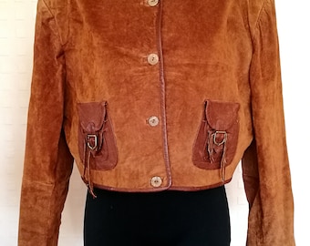 80's Women's Brown Suede Leather Cropped Jacket Vintage Genuine Leather Blazer Bohemian Cardigan Hipster Chamois Blazer Boho Festival M/L