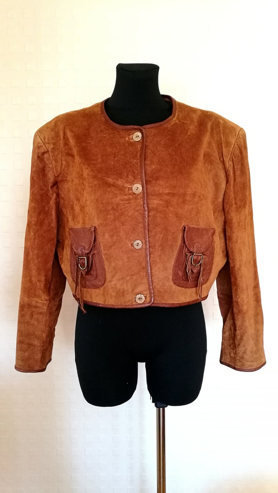80's Women's Brown Suede Leather Cropped Jacket V… - image 2