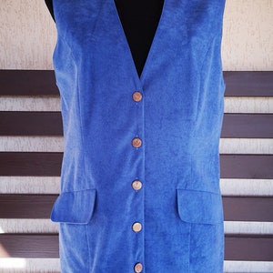1990&#39;s Women&#39;s Blue with Lining Vest Waistcoat Velvety Sleeveless Fetish Elegant Office Formal Casual Teacher College Secretary Size Medium