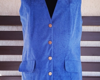 1990's Women's Blue with Lining Vest Waistcoat Velvety Sleeveless Fetish Elegant Office Formal Casual Teacher College Secretary Size Medium