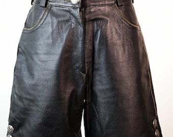 Women's Dirndl Genuine Black Leather Shorts Traditional Folk Austrian Bavarian Tyrolean Oktoberfest Sound of Music Rocker High Waist M size