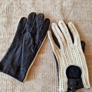 Vintage Damen Leder Häkelhandschuhe Retro Schwarz Beige Druckknopf Cocktail Party Disco Festival Lässige Alltagsaccessoires Geschenk für Sie