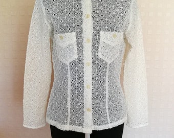 90s Vintage Women's White Mesh Transparent Blouse/shirt Short