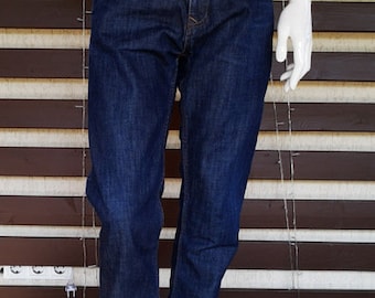 Men's Denim Jeans Everyday Dark Blue 90's Vintage High Waist Casual Fit Hipster Pants Basic Straight Legs Cotton Button Fly Trousers Size L